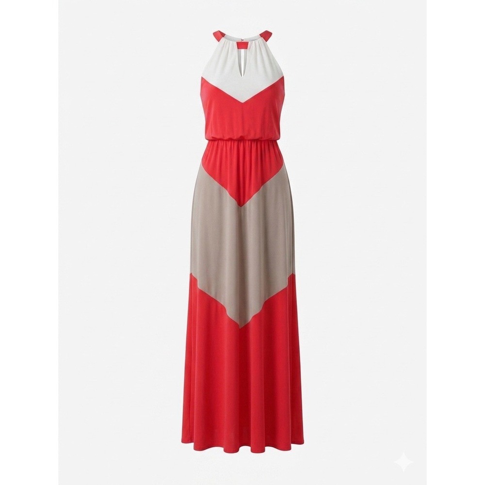 Vince Camuto Womens Colorblock Halter Maxi Dress Sleeveless Red/Beige/White 2